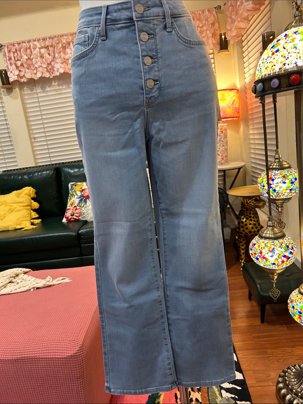 NYDJ Light Blue High-Rise Wide-Leg Jeans with Button Fly